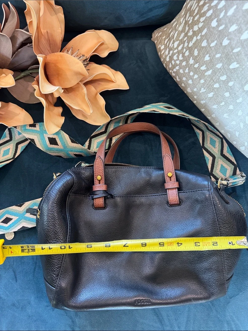Black Leather Satchel with Detachable Patterned Strap